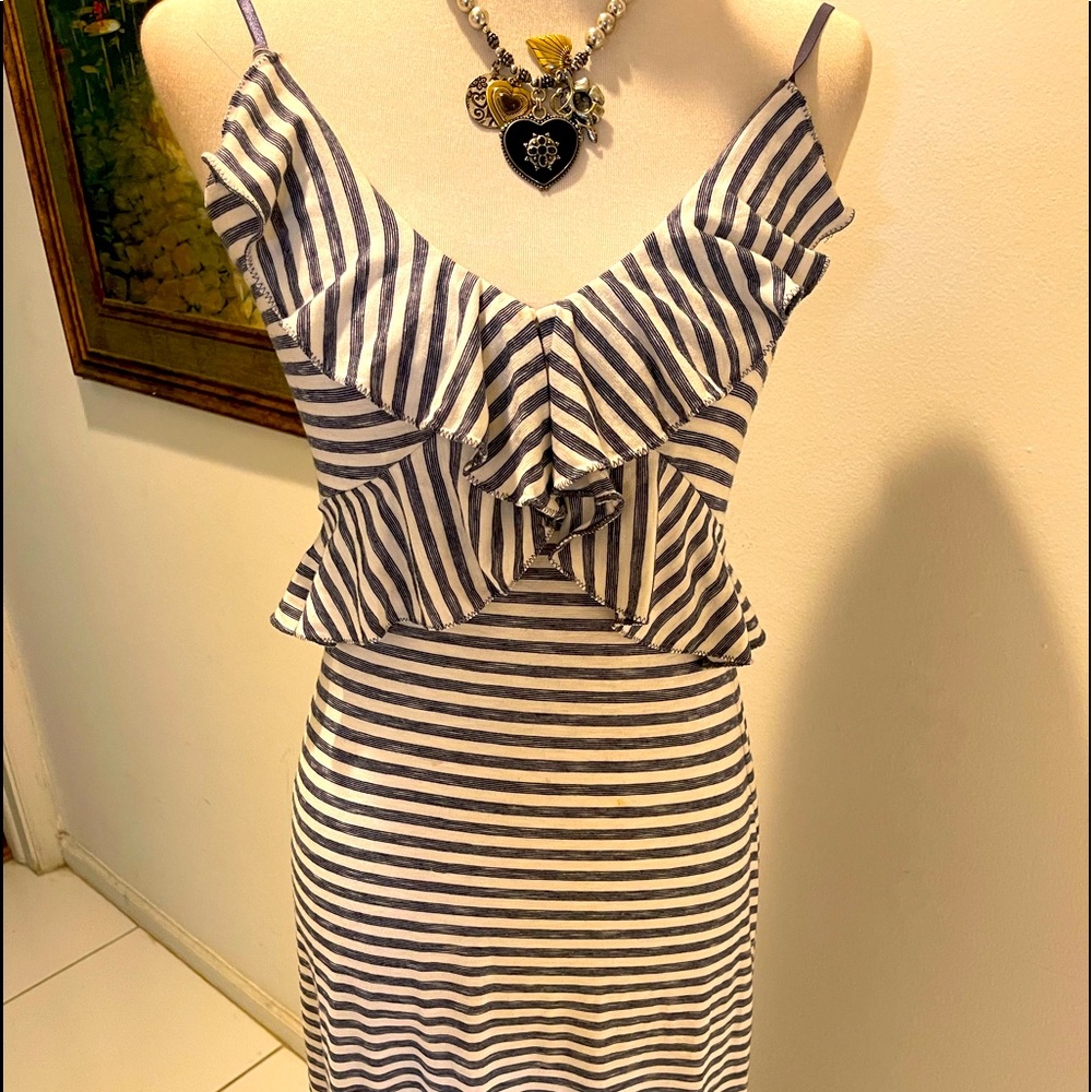 Max Studio Blue Gray Stripe Maxi Sun Dress  Sz S